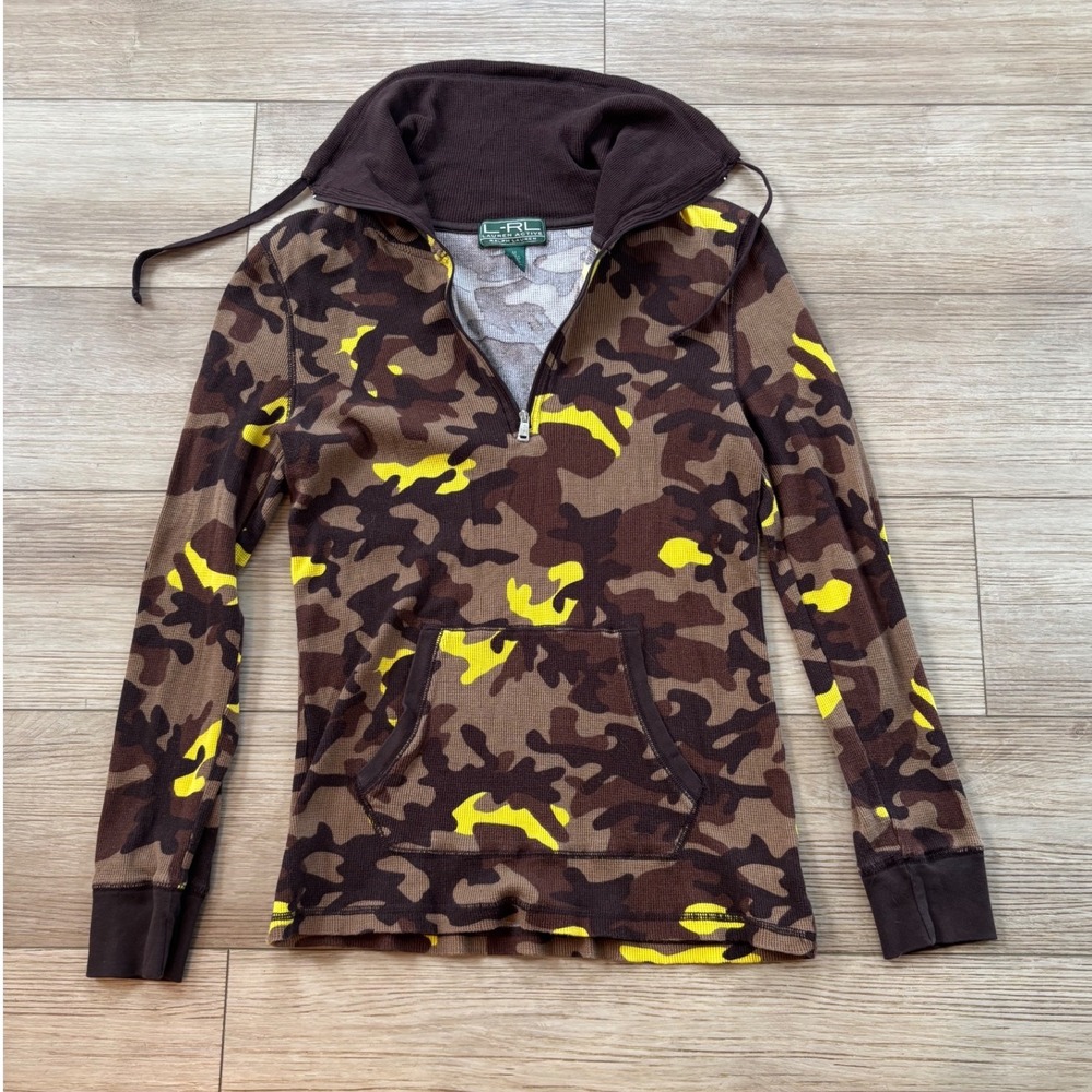 Lauren Active Ralph Lauren Camo Waffle Knit Quarter Zip Pullover Brown Yellow M